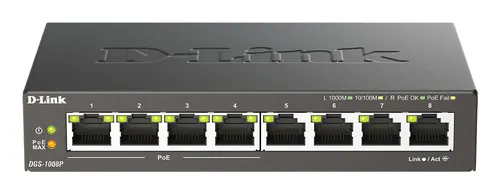 D-Link DGS-1008P/E przełącznik sieciowy Nie zarządzany L2 Gigabit Ethernet (10/100/1000) Obsługa PoE Desktop Czarny