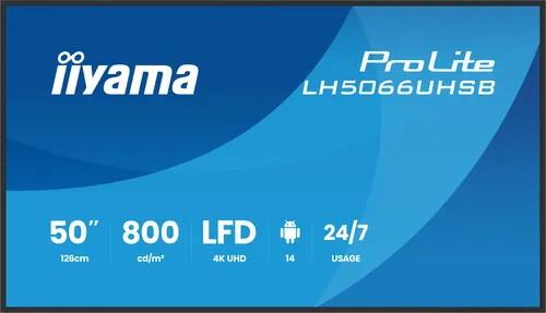 iiyama LH5066UHSB-B1AG signage display Płaski panel Digital Signage 127 cm (50") LCD Wi-Fi 800 cd/m² 4K Ultra HD Czarny Procesor wbudowany Android 24/7