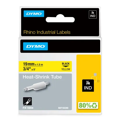 DYMO Rhino przemysłowe rurki termokurczliwe, 19 mm x 1,5 m, czarny nadruk na żółtym, samoprzylepne