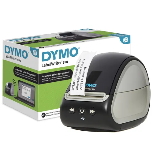 DYMO LabelWriter Drukarka etykiet 550, Drukarka etykiet z funkcją bezpośredniego druku termicznego, Automatyczne rozpoznawanie etykiet, Drukuje etykiety adresowe, wysyłkowe, itd.