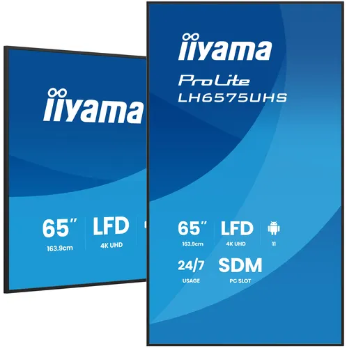 iiyama LH6575UHS-B2AG signage display Płaski panel Digital Signage 163,8 cm (64.5") LCD Wi-Fi 500 cd/m² 4K Ultra HD Czarny Procesor wbudowany Android 11 24/7