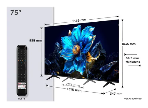 TCL P7K 75P7K Telewizor 190,5 cm (75") 4K Ultra HD Smart TV Wi-Fi Metaliczny 450 cd/m²