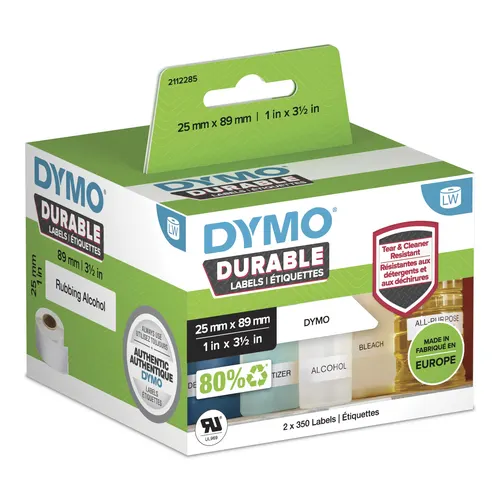 DYMO Oryginalne trwałe etykiety LabelWriter, 25 mm x 89 mm, Biały polimer, 2 rolki po 350 szt. (700 etykiet samoprzylepnych), Wysoka wydajność, Do drukarek etykiet LabelWriter