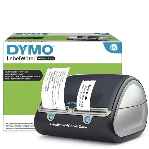 DYMO LabelWriter Drukarka etykiet 450 Twin Turbo, Drukarka etykiet z technologią bezpośredniego druku termicznego, Szybkie drukowanie: 71 etykiet na minutę, Etykiety, kody kreskowe i inne