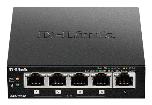 D-Link DGS-1005P/E przełącznik sieciowy Nie zarządzany Gigabit Ethernet (10/100/1000) Obsługa PoE Czarny