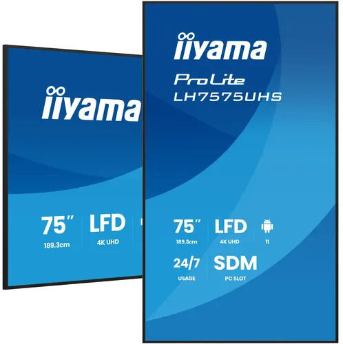 iiyama LH7575UHS-B2AG signage display Płaski panel Digital Signage 190,5 cm (75") LCD Wi-Fi 500 cd/m² 4K Ultra HD Czarny Procesor wbudowany Android 11 24/7