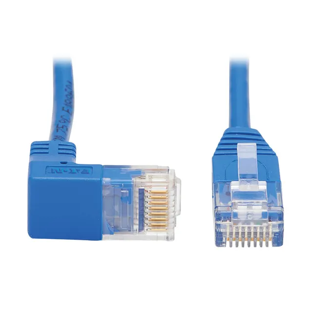 Down-Angle Cat6 Gigabit Molded Slim UTP Ethernet Cable (RJ45 Right-Angle Down M to RJ45 M), Blue, 15 ft. (4.57 m)