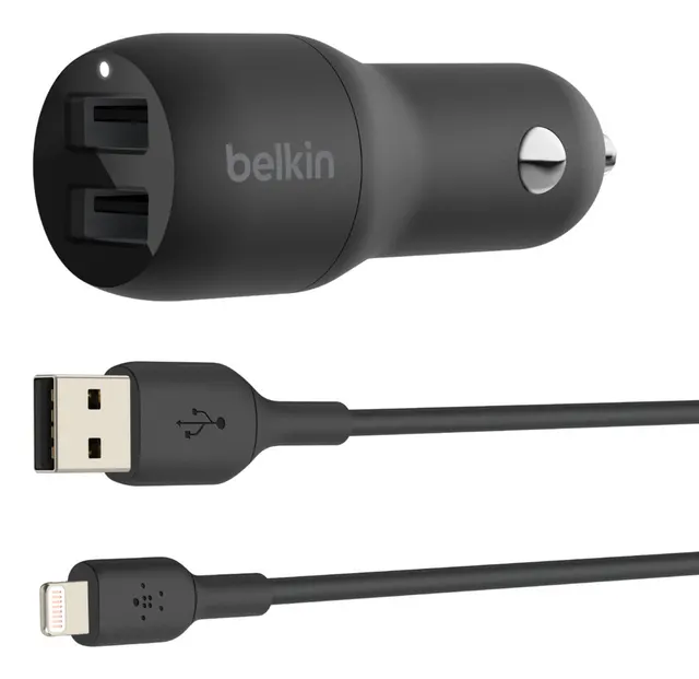 DUAL USB-A CHARGER CAR/W/LIGHTNING CABLE 1M 24W BLACK