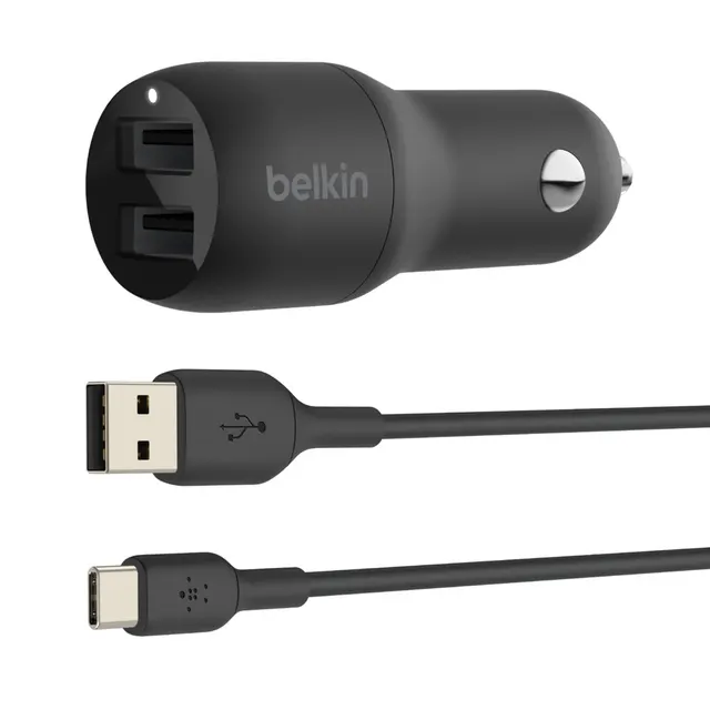 DUAL USB-A CHARGER CAR/W/USB-C CABLE 1M 24W BLACK