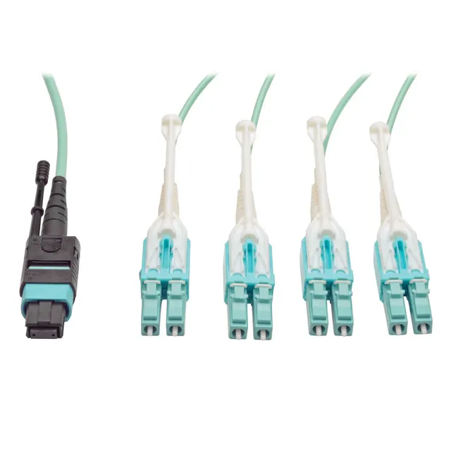 MTP/MPO Fan-out Cable with Push/Pull Tab Connectors, MTP/MPO to 4xLC, 40GbE, 40GBASE-SR4,OM3 Plenum-rated - Aqua, 2M (6.56 ft.)