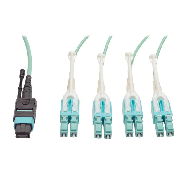 MTP/MPO Fan-out Cable with Push/Pull Tab Connectors, MTP/MPO to 4xLC, 40GbE, 40GBASE-SR4,OM3 Plenum-rated - Aqua, 1M (3.28 ft.)