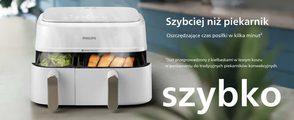 Szybciej
niż piekarnik
Oszczędzające czas posiłki w kilka minut²
szybko
²Test przeprowadzony z kiełbaskami w lewym koszu
w porównaniu do tradycyjnych piekarników konwekcyjnych.