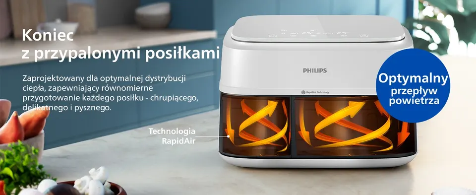 Koniec
z przypalonymi posiłkami
Zaprojektowany dla optymalnej dystrybucji ciepła, zapewniający równomierne przygotowanie każdego posiłku - chrupiącego, delikatnego i pysznego.
Optymalny
przepływ
powietrza
Technologia
RapidAir